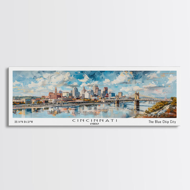 Cincinnati Ohio Panoramic Watercolor Painting Framed Canvas Print, Travel Poster Art, Urban Cityscape, Home Decor, Living Room Wall Art, Office Decoration, Gift for Ohioans