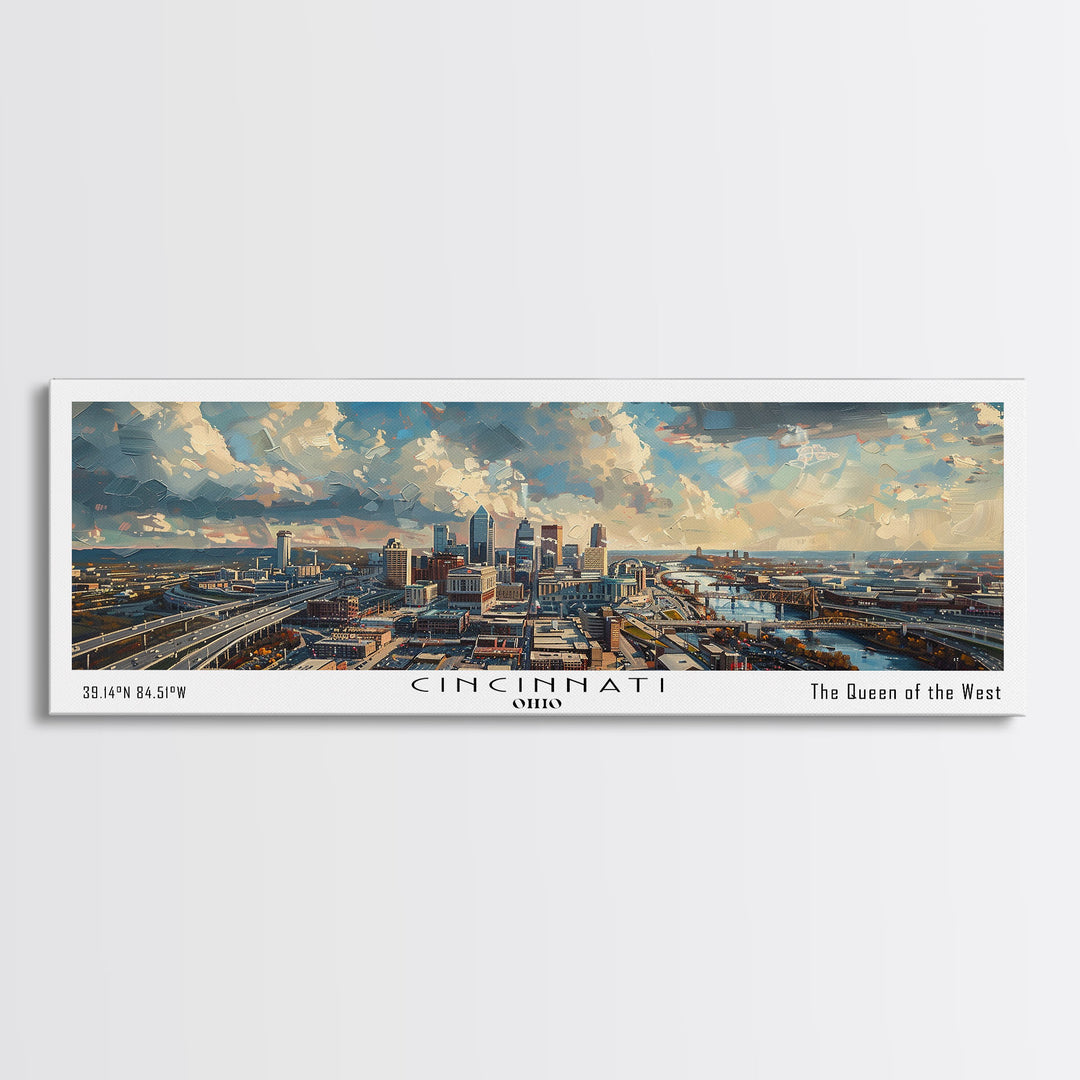 Cincinnati Ohio Panoramic Watercolor Painting Framed Canvas Print, Travel Poster Art, Urban Landscape, Bedroom Wall Art, Living Room Decoration, Office Wall Art, Ohio-Themed Gift