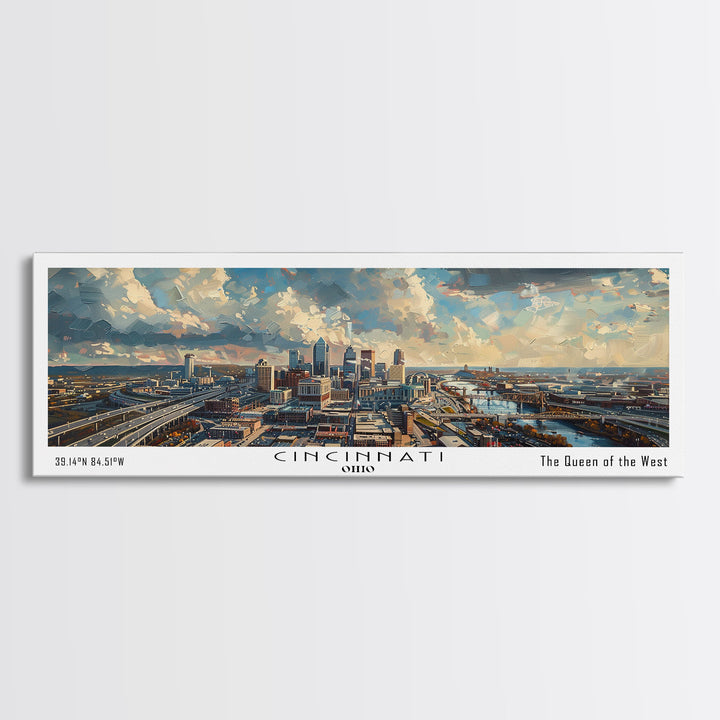 Cincinnati Ohio Panoramic Watercolor Painting Framed Canvas Print, Travel Poster Art, Urban Landscape, Bedroom Wall Art, Living Room Decoration, Office Wall Art, Ohio-Themed Gift