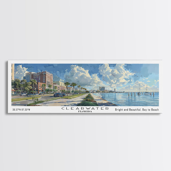 Clearwater Florida Panoramic Watercolor Painting Framed Canvas Print, Travel Poster Art, Coastal View, Home Decor, Wall Hanging, Office Art, Gift for Beach Lovers