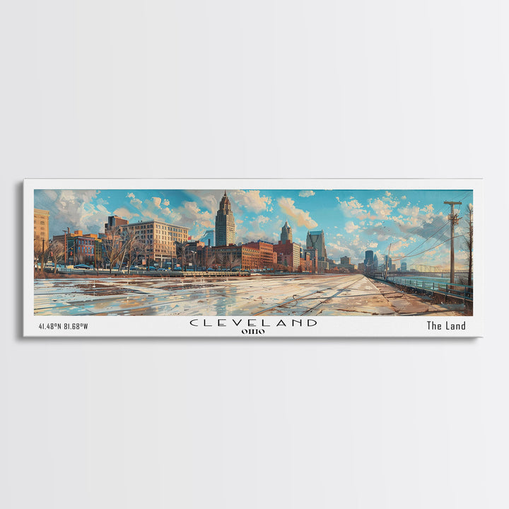 Cleveland Ohio Panoramic Watercolor Painting Framed Canvas Print, Travel Poster Art, Urban Cityscape, Home Decor, Living Room Wall Art, Office Decoration, Gift for Ohioans