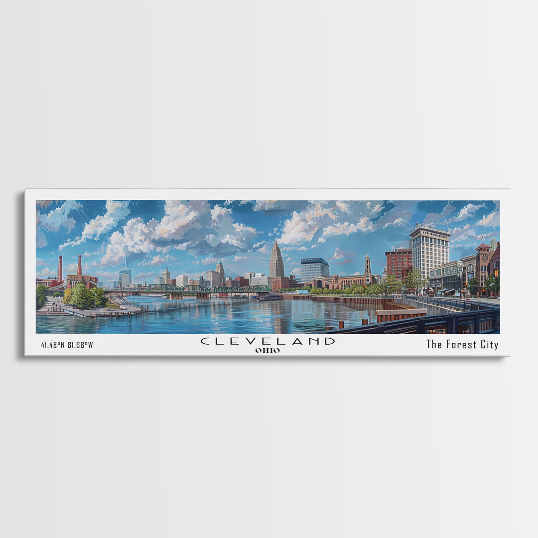 Cleveland Ohio Panoramic Watercolor Painting Framed Canvas Print, Travel Poster Art, Urban Landscape, Bedroom Wall Art, Living Room Decoration, Office Wall Art, Ohio-Themed Gift