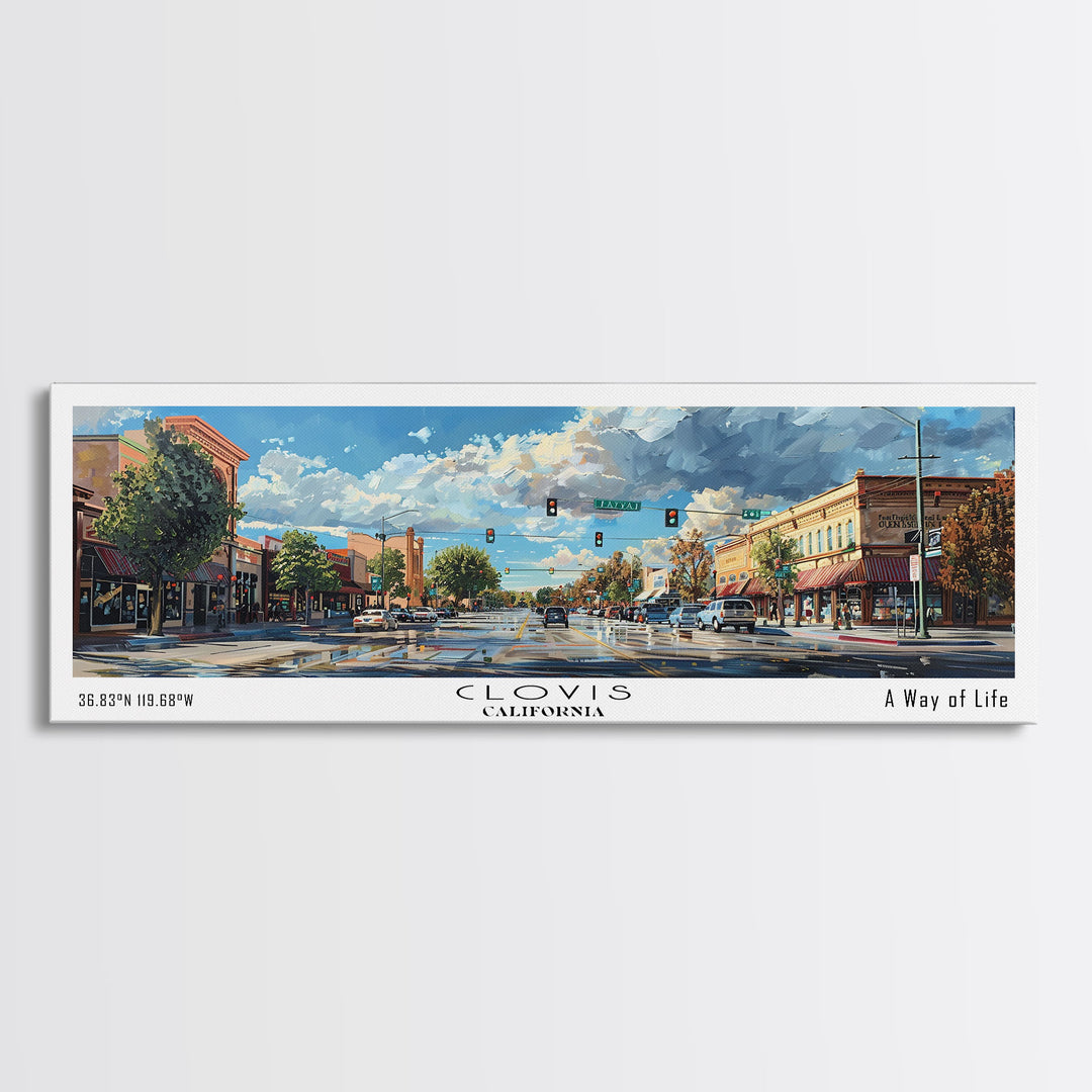 Clovis California Panoramic Watercolor Painting Framed Canvas Print, Travel Poster Art, Picturesque Landscape, Home Decor, Living Room Wall Art, Office Decoration, Unique Travel Gift
