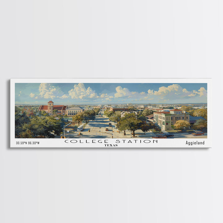 College Station Texas Panoramic Watercolor Painting Framed Canvas Print, Travel Poster Art, Cityscape, Living Room Decor, Wall Hanging, Office Art, Texas-Themed Gift