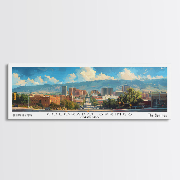 Colorado Springs Colorado Panoramic Watercolor Painting Framed Canvas Print, Travel Poster Art, Mountain Landscape, Home Decor, Bedroom Wall Art, Office Decoration, Colorado-Themed Gift