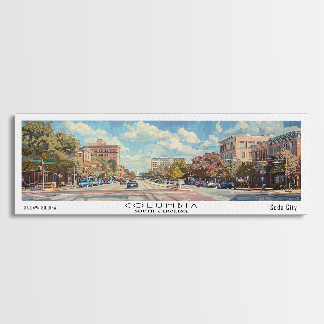 Columbia South Carolina Panoramic Watercolor Painting Framed Canvas Print, Travel Poster Art, Urban Cityscape, Living Room Decor, Wall Hanging, Office Art, Southern Charm Gift