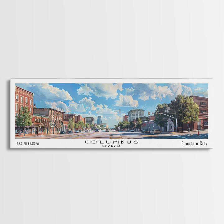 Columbus Georgia Panoramic Watercolor Painting Framed Canvas Print, Travel Poster Art, Picturesque Landscape, Home Decor, Living Room Wall Art, Office Decoration, Unique Travel Gift