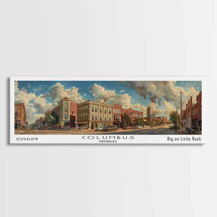 Columbus Georgia Panoramic Watercolor Painting Framed Canvas Print, Travel Poster Art, Urban Landscape, Bedroom Wall Art, Living Room Decoration, Office Wall Art, Georgia-Themed Gift