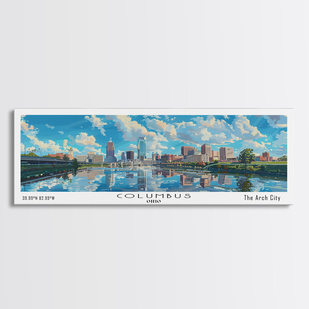Columbus Ohio Panoramic Watercolor Painting Framed Canvas Print, Travel Poster Art, Urban Cityscape, Home Decor, Living Room Wall Art, Office Decoration, Gift for Ohioans
