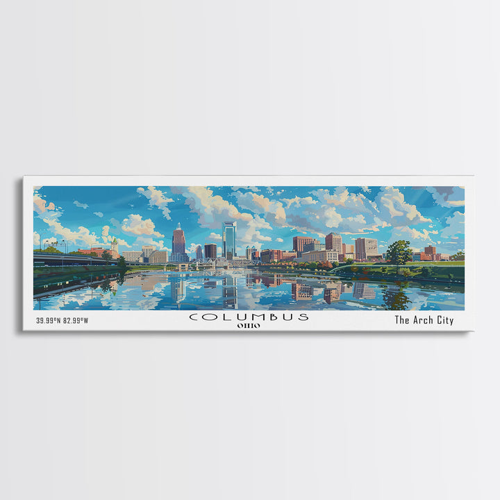 Columbus Ohio Panoramic Watercolor Painting Framed Canvas Print, Travel Poster Art, Urban Cityscape, Home Decor, Living Room Wall Art, Office Decoration, Gift for Ohioans