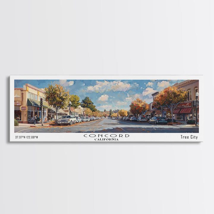 Concord California Panoramic Watercolor Painting Framed Canvas Print, Travel Poster Art, Picturesque Landscape, Living Room Decor, Wall Art, Office Decoration, Unique Travel Gift