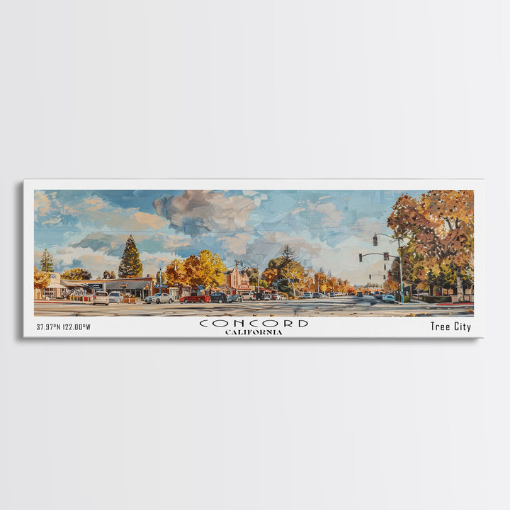 Concord California Panoramic Watercolor Painting Framed Canvas Print, Travel Poster Art, Urban Landscape, Bedroom Wall Art, Living Room Decoration, Office Wall Art, California-Themed Gift