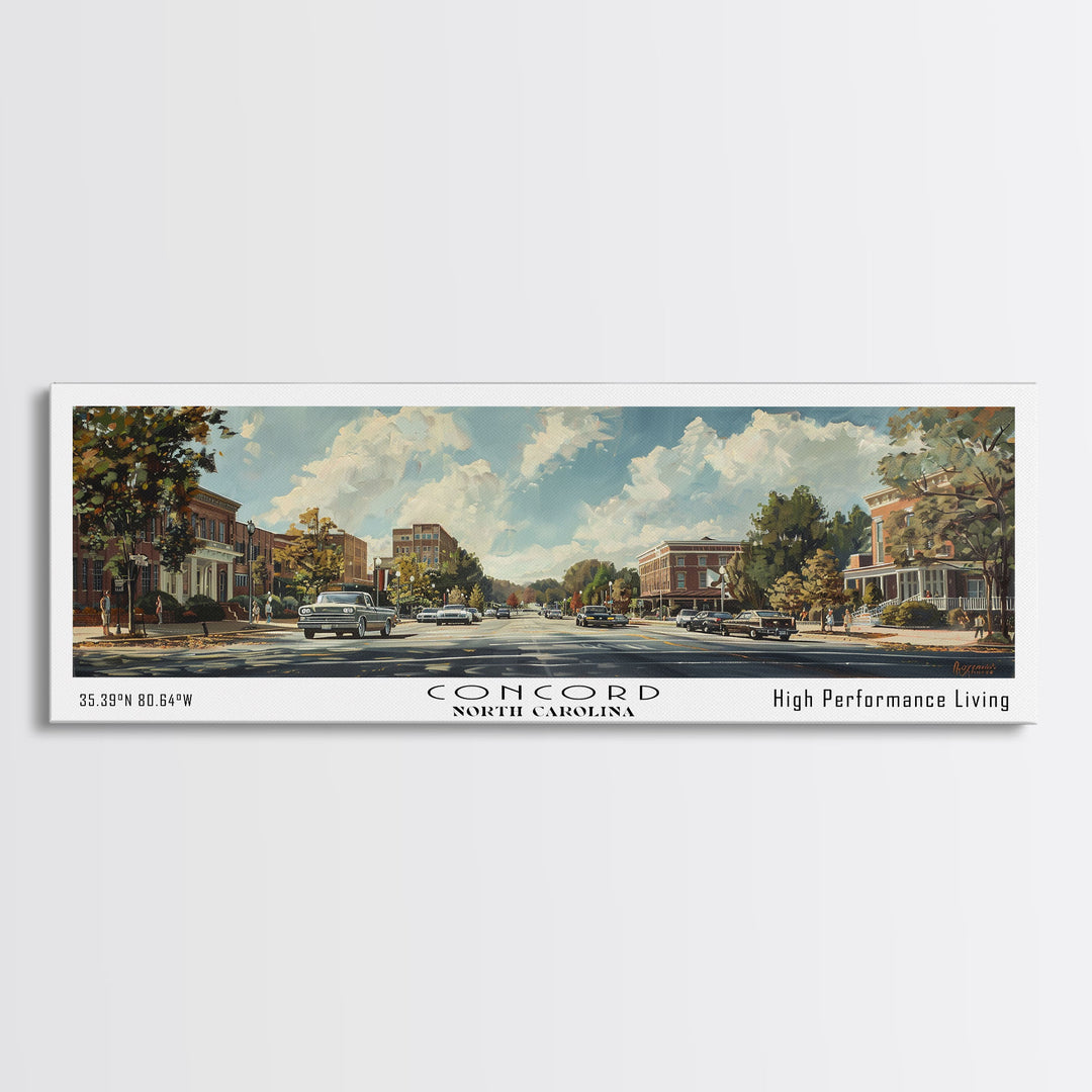 Concord North Carolina Panoramic Watercolor Painting Framed Canvas Print, Travel Poster Art, Urban Cityscape, Living Room Decor, Wall Hanging, Office Art, Southern Charm Gift