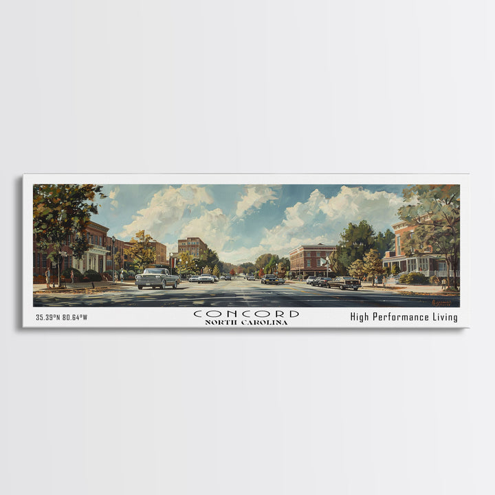 Concord North Carolina Panoramic Watercolor Painting Framed Canvas Print, Travel Poster Art, Urban Cityscape, Living Room Decor, Wall Hanging, Office Art, Southern Charm Gift
