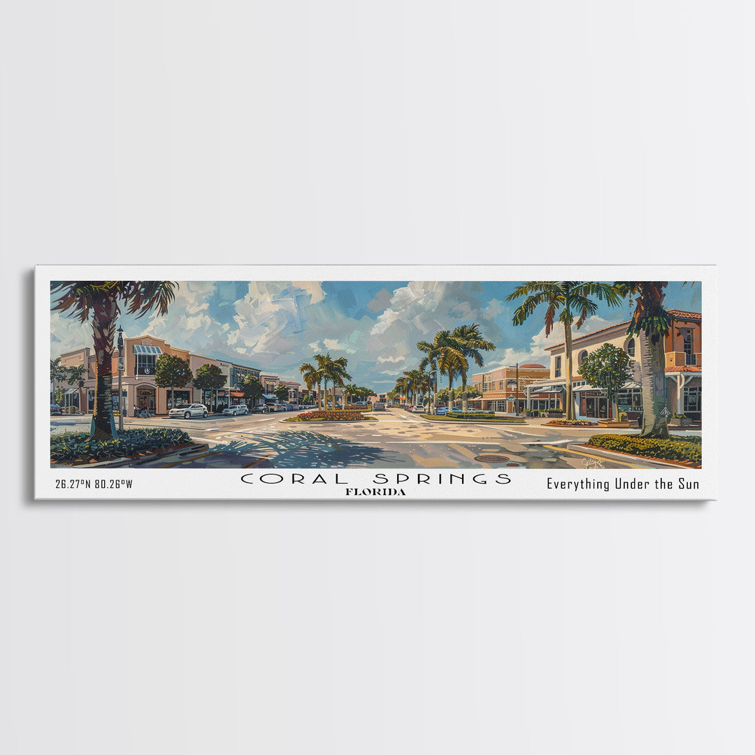 Coral Springs Florida Panoramic Watercolor Painting Framed Canvas Print, Travel Poster Art, Coastal View, Home Decor, Living Room Wall Art, Office Decoration, Gift for Beach Lovers