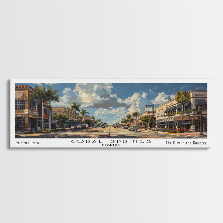 Coral Springs Florida Panoramic Watercolor Painting Framed Canvas Print, Travel Poster Art, Scenic Coastal View, Bedroom Wall Art, Living Room Decoration, Office Wall Art, Florida-Themed Gift