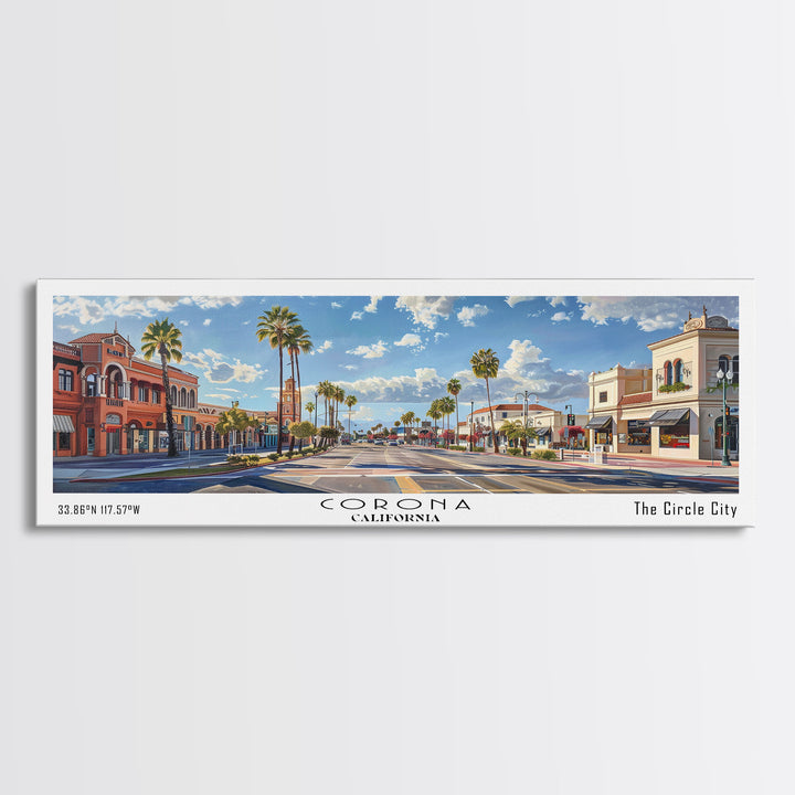 Corona California Panoramic Watercolor Painting Framed Canvas Print, Travel Poster Art, Urban Cityscape, Home Decor, Living Room Wall Art, Office Decoration, Gift for California Lovers