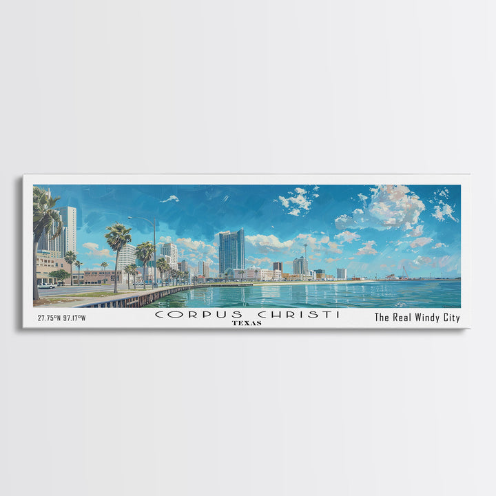 Corpus Christi Texas Panoramic Watercolor Painting, Scenic Framed Canvas Print, Coastal Wall Art for Living Room, Travel Decor, City Print, Vacation Gift
