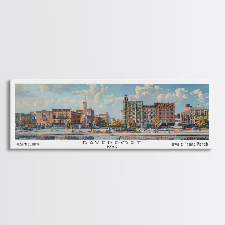Davenport Iowa Panoramic Watercolor Painting, Scenic Framed Canvas Print, Urban Wall Art for Office, Travel Poster, Home Decor, City Gift Idea
