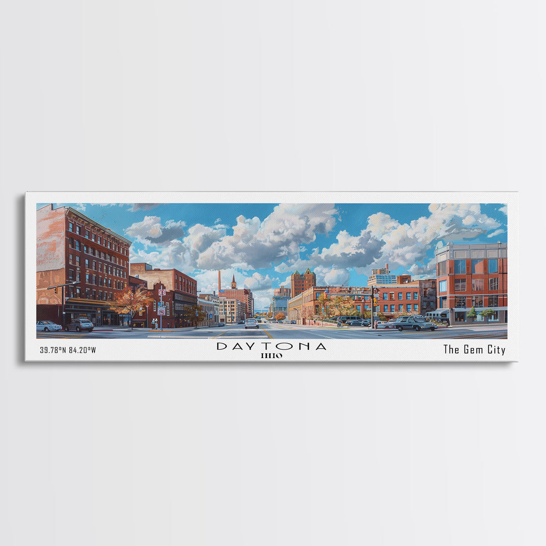 Daytona Ohio Panoramic Watercolor Painting, Scenic Framed Canvas Print, Urban Wall Art for Office, Travel Poster, Home Decor, City Gift Idea