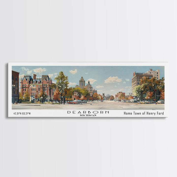 Dearborn Michigan Panoramic Watercolor Painting, Scenic Framed Canvas Print, Urban Wall Art for Living Room, Travel Decor, City Print, Gift Idea