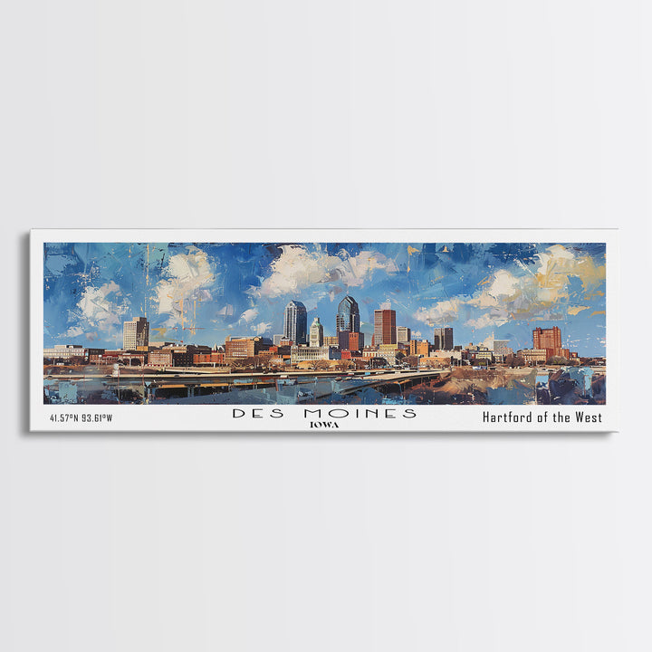 Des Moines Iowa Panoramic Watercolor Painting, Scenic Framed Canvas Print, Urban Wall Art for Office, Travel Poster, Home Decor, City Gift Idea