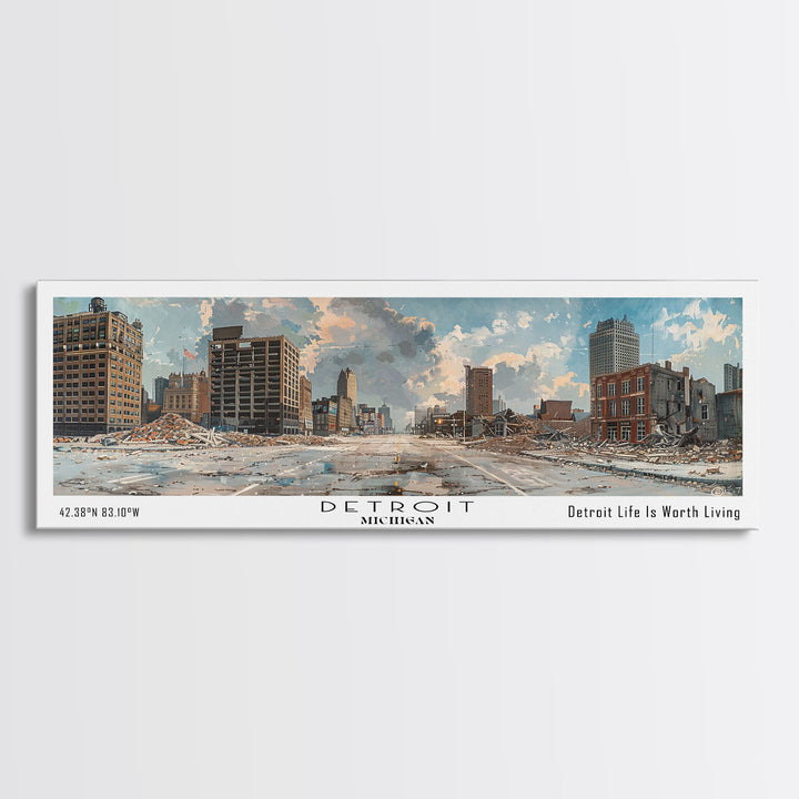 Detroit Michigan Panoramic Watercolor Painting, Scenic Framed Canvas Print, Urban Wall Art for Living Room, Travel Poster, Home Decor, City Gift Idea