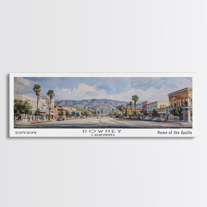 Downey California Panoramic Watercolor Painting, Scenic Framed Canvas Print, Urban Wall Art for Office, Travel Decor, City Print, Gift Idea