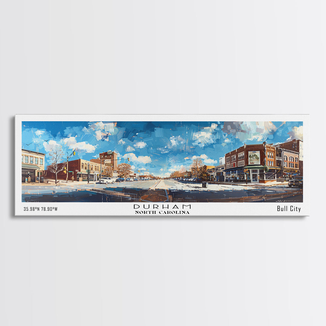 Durham North Carolina Panoramic Watercolor Painting, Scenic Framed Canvas Print, Urban Wall Art for Living Room, Travel Decor, City Print, Gift Idea