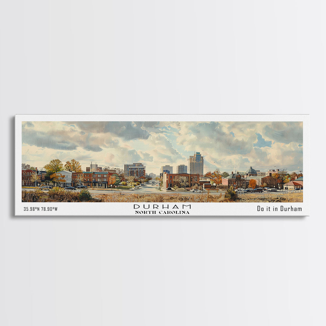 Durham North Carolina Panoramic Watercolor Painting, Scenic Framed Canvas Print, Urban Wall Art for Living Room, Travel Decor, City Print, Gift Idea