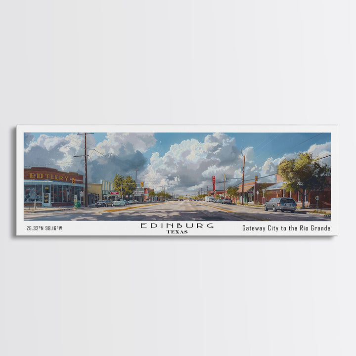 Edinburg Texas Panoramic Watercolor Painting, Scenic Framed Canvas Print, Urban Wall Art for Office, Travel Poster, Home Decor, City Gift Idea