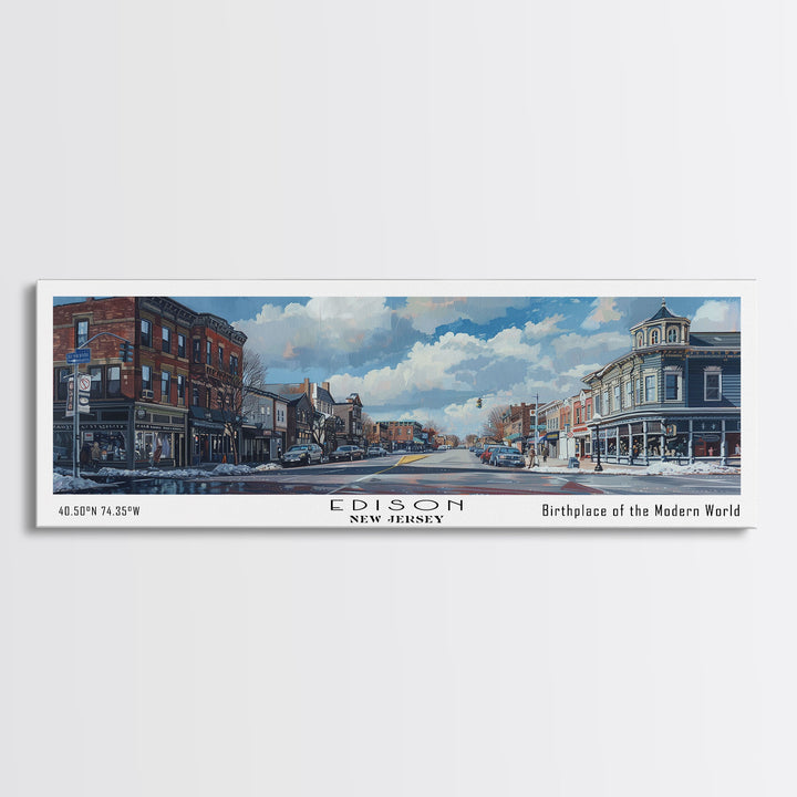 Edison New Jersey Panoramic Watercolor Painting, Scenic Framed Canvas Print, Urban Wall Art for Living Room, Travel Poster, Home Decor, City Gift Idea