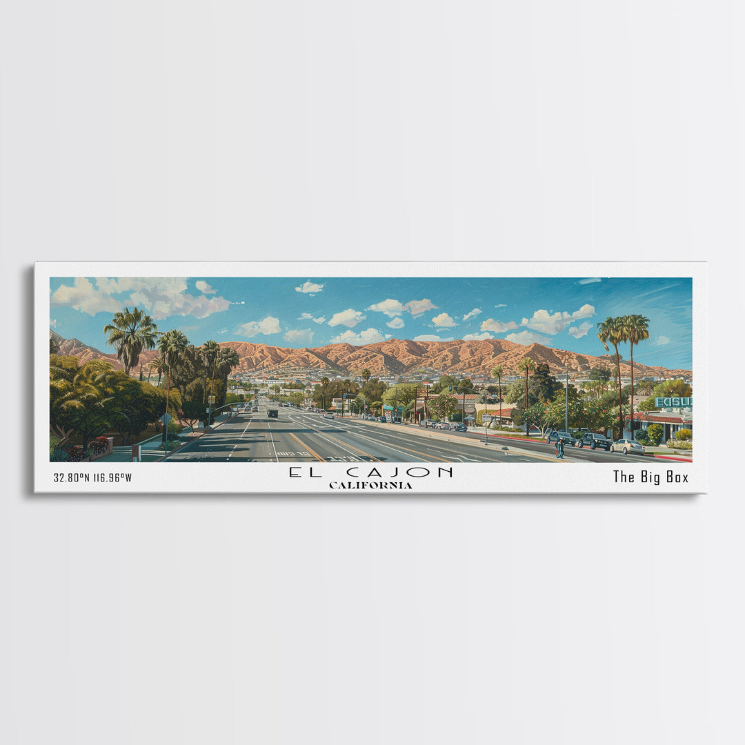 El Cajon California Panoramic Watercolor Painting, Scenic Framed Canvas Print, Urban Wall Art for Office, Travel Decor, City Print, Gift Idea