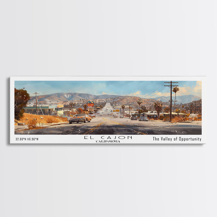 El Cajon California Panoramic Watercolor Painting, Scenic Framed Canvas Print, Urban Wall Art for Office, Travel Decor, City Print, Gift Idea