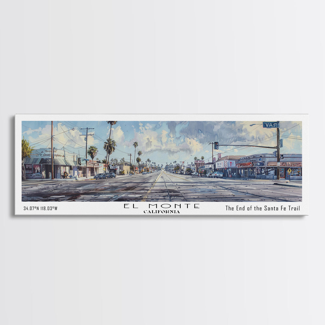 El Monte California Panoramic Watercolor Painting, Scenic Framed Canvas Print, Urban Wall Art for Office, Travel Decor, City Print, Gift Idea