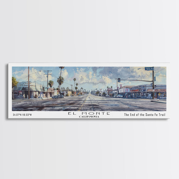 El Monte California Panoramic Watercolor Painting, Scenic Framed Canvas Print, Urban Wall Art for Office, Travel Decor, City Print, Gift Idea