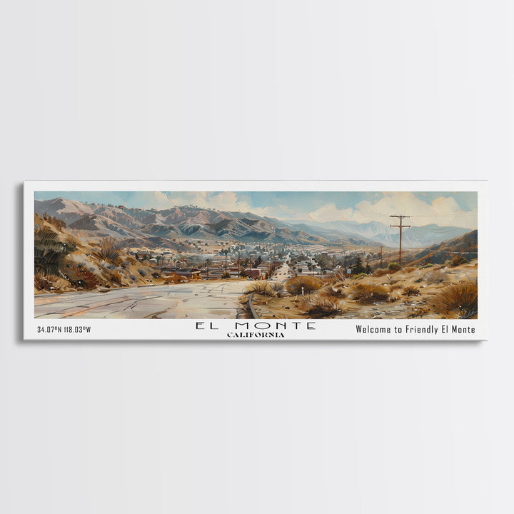 El Monte California Panoramic Watercolor Painting, Scenic Framed Canvas Print, Urban Wall Art for Office, Travel Decor, City Print, Gift Idea