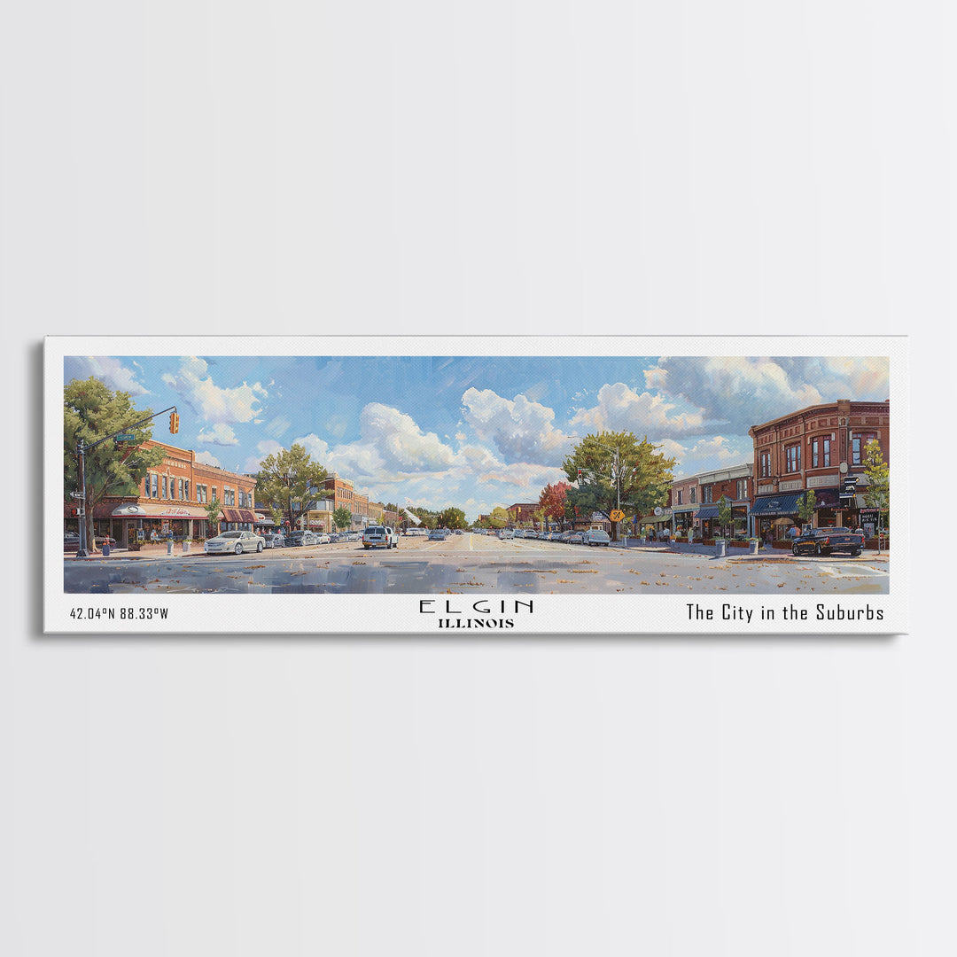 Elgin Illinois Panoramic Watercolor Painting, Scenic Framed Canvas Print, Urban Wall Art for Living Room, Travel Poster, Home Decor, City Gift Idea