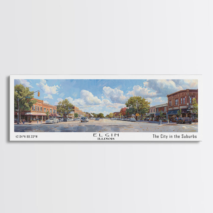 Elgin Illinois Panoramic Watercolor Painting, Scenic Framed Canvas Print, Urban Wall Art for Living Room, Travel Poster, Home Decor, City Gift Idea