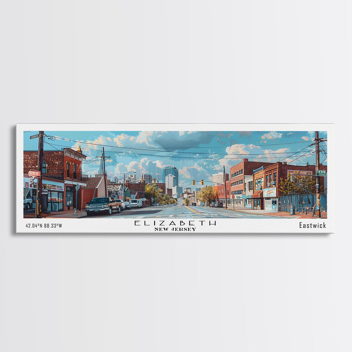 Elizabeth New Jersey Panoramic Watercolor Painting, Scenic Framed Canvas Print, Urban Wall Art for Office, Travel Decor, City Print, Gift Idea