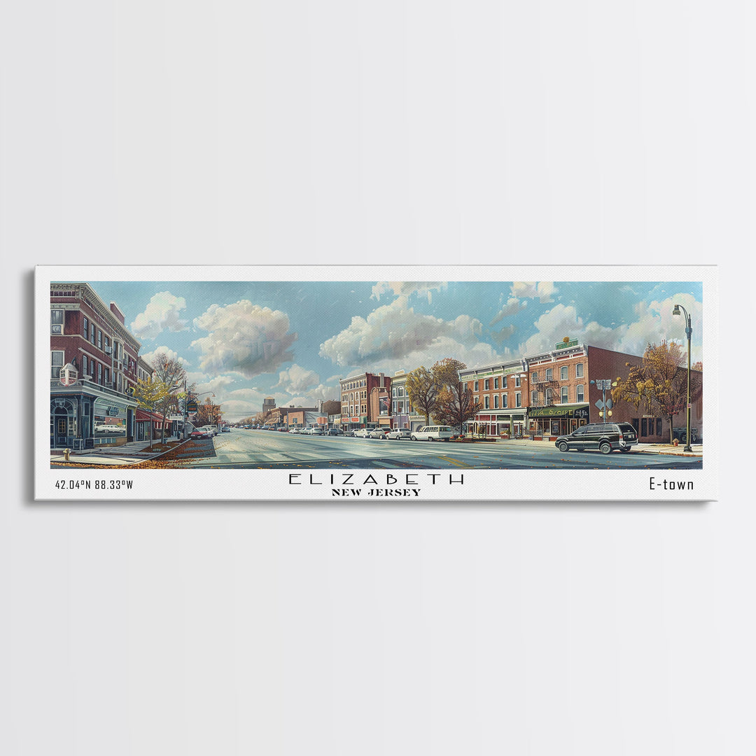 Elizabeth New Jersey Panoramic Watercolor Painting, Scenic Framed Canvas Print, Urban Wall Art for Office, Travel Decor, City Print, Gift Idea