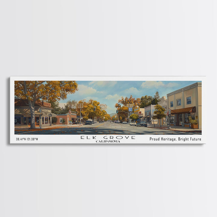 Elk Grove California Panoramic Watercolor Painting, Scenic Framed Canvas Print, Urban Wall Art for Living Room, Travel Poster, Home Decor, City Gift Idea