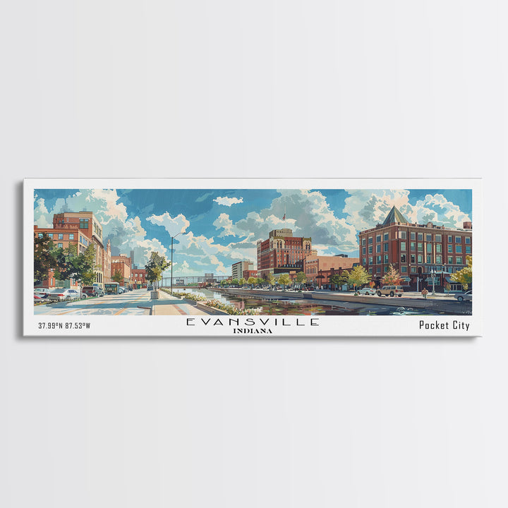 Evansville Indiana Panoramic Watercolor Painting, Scenic Framed Canvas Print, Urban Wall Art for Living Room, Travel Poster, Home Decor, City Gift Idea