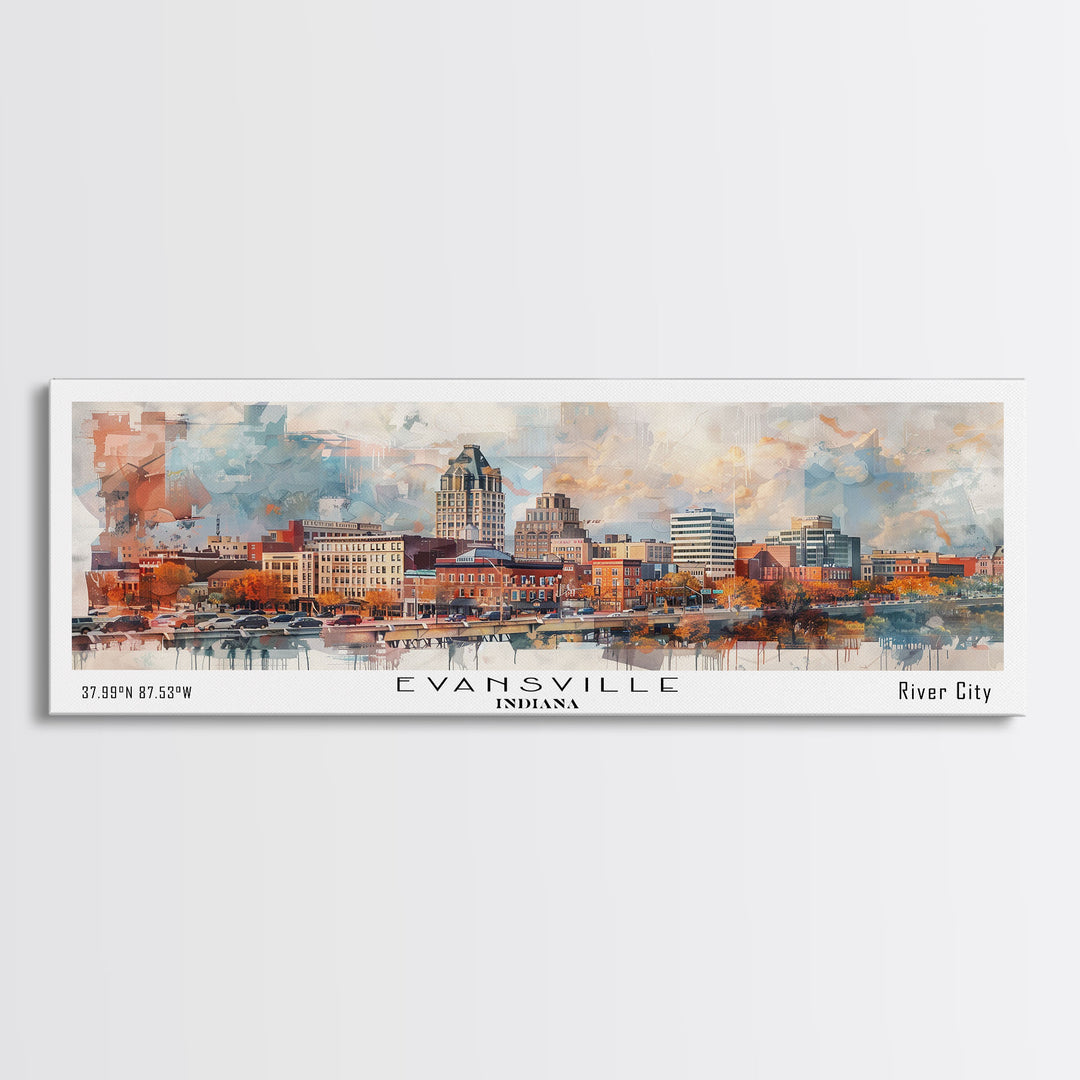 Evansville Indiana Panoramic Watercolor Painting, Scenic Framed Canvas Print, Urban Wall Art for Living Room, Travel Poster, Home Decor, City Gift Idea