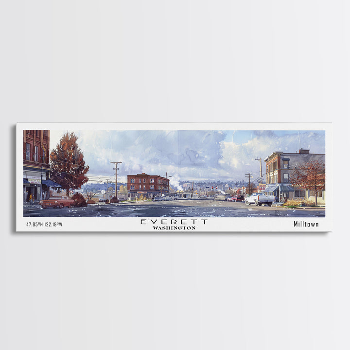 Everett Washington Panoramic Watercolor Painting, Scenic Framed Canvas Print, Urban Wall Art for Office, Travel Decor, City Print, Gift Idea