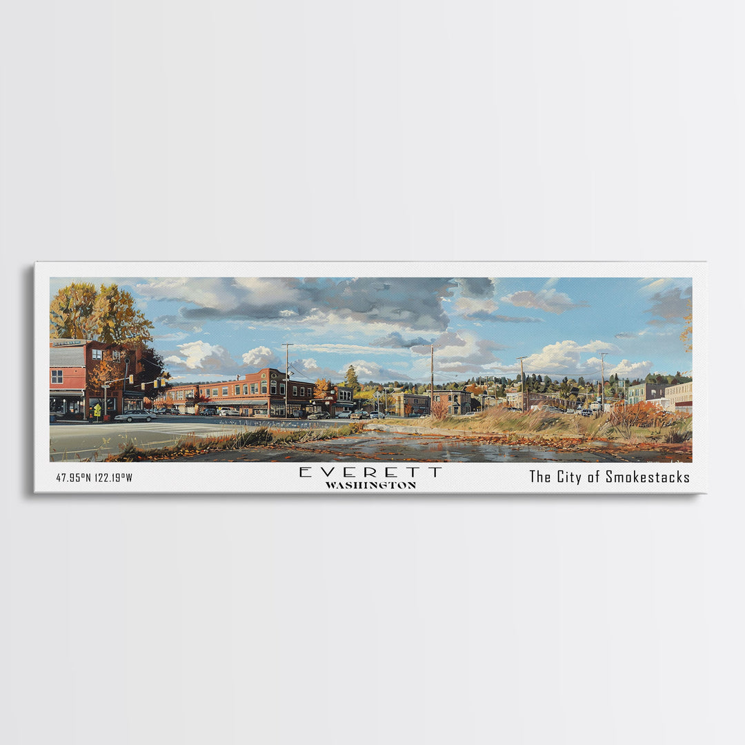 Everett Washington Panoramic Watercolor Painting, Scenic Framed Canvas Print, Urban Wall Art for Office, Travel Decor, City Print, Gift Idea