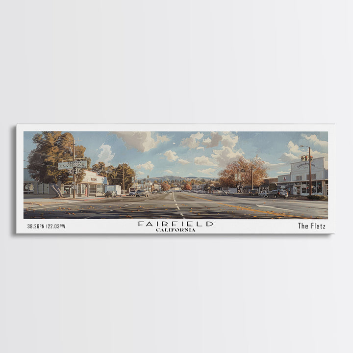 Fairfield California Panoramic Watercolor Painting, Scenic Framed Canvas Print, Urban Wall Art for Living Room, Travel Poster, Home Decor, City Gift Idea