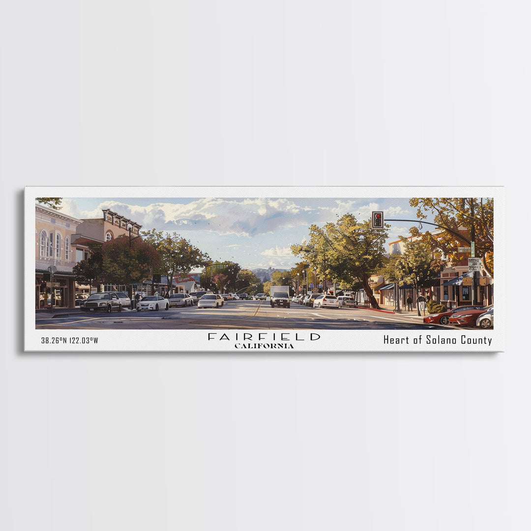 Fairfield California Panoramic Watercolor Painting, Scenic Framed Canvas Print, Urban Wall Art for Living Room, Travel Poster, Home Decor, City Gift Idea