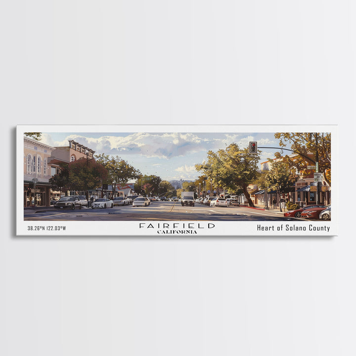 Fairfield California Panoramic Watercolor Painting, Scenic Framed Canvas Print, Urban Wall Art for Living Room, Travel Poster, Home Decor, City Gift Idea