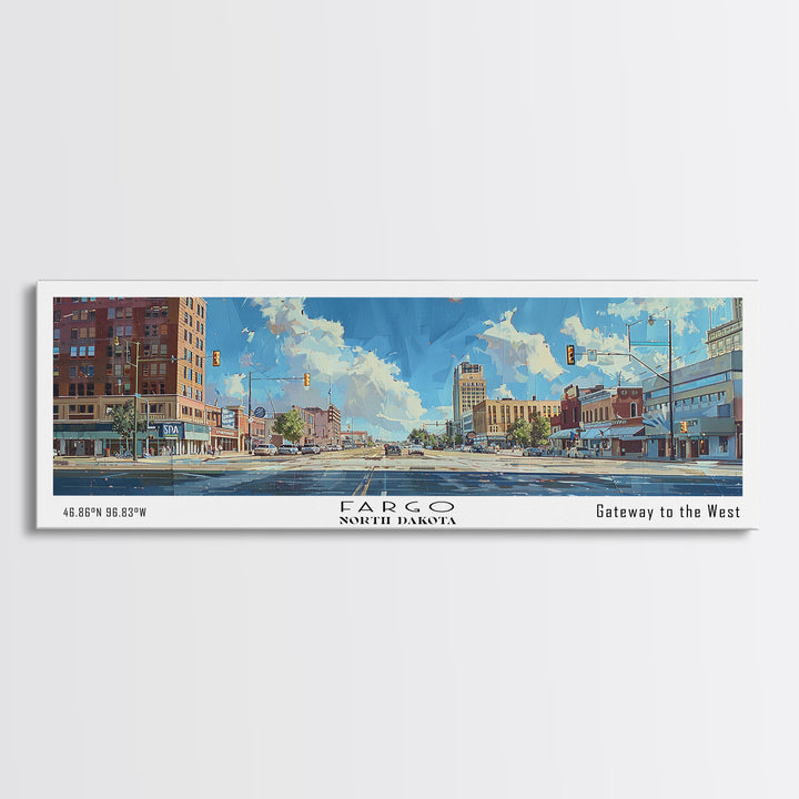 Fargo North Carolina Panoramic Watercolor Painting, Scenic Framed Canvas Print, Urban Wall Art for Office, Travel Decor, City Print, Gift Idea
